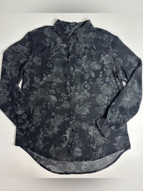 Decree Sheer Floral Blouse Black Gray Button Up Grunge Boho Top M